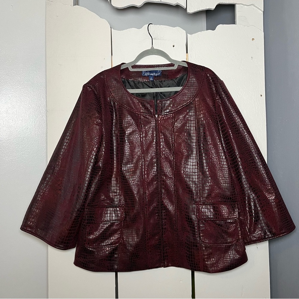 Susan Graver Faux Burgundy Croc-Embossed Blazer Open Front Statement Style